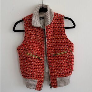 Red and Yellow Tweed wool Vest with Ribbed Collar